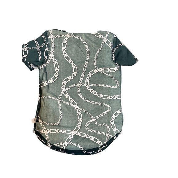 Ann Taylor Elegant Top XS Green White Chain Luxury Print Blouse Short Sleeve - Picture 10 of 11